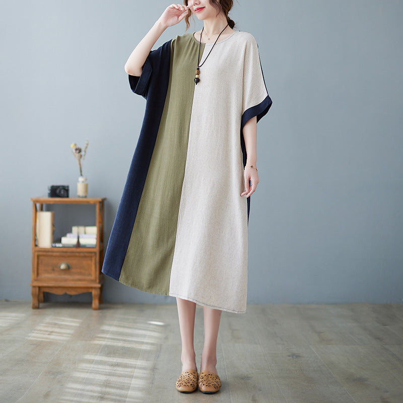 Cotton Linen Half Sleeve Contrast Dress | GirlyNest