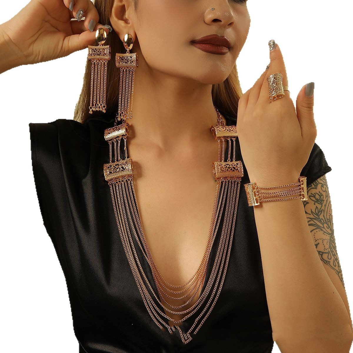 Gold Plated Tassel Necklace Set - Statement Jewelry | GirlyNest