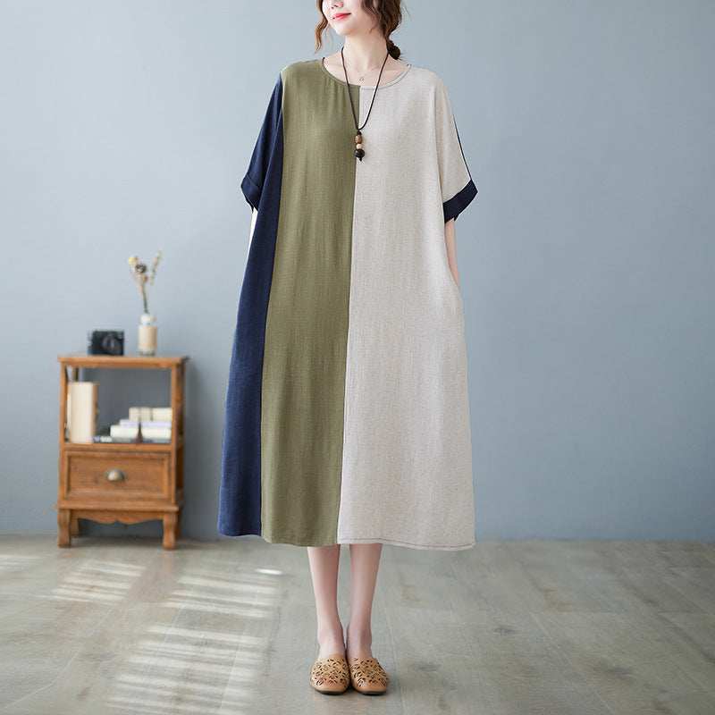 Cotton Linen Half Sleeve Contrast Dress | GirlyNest