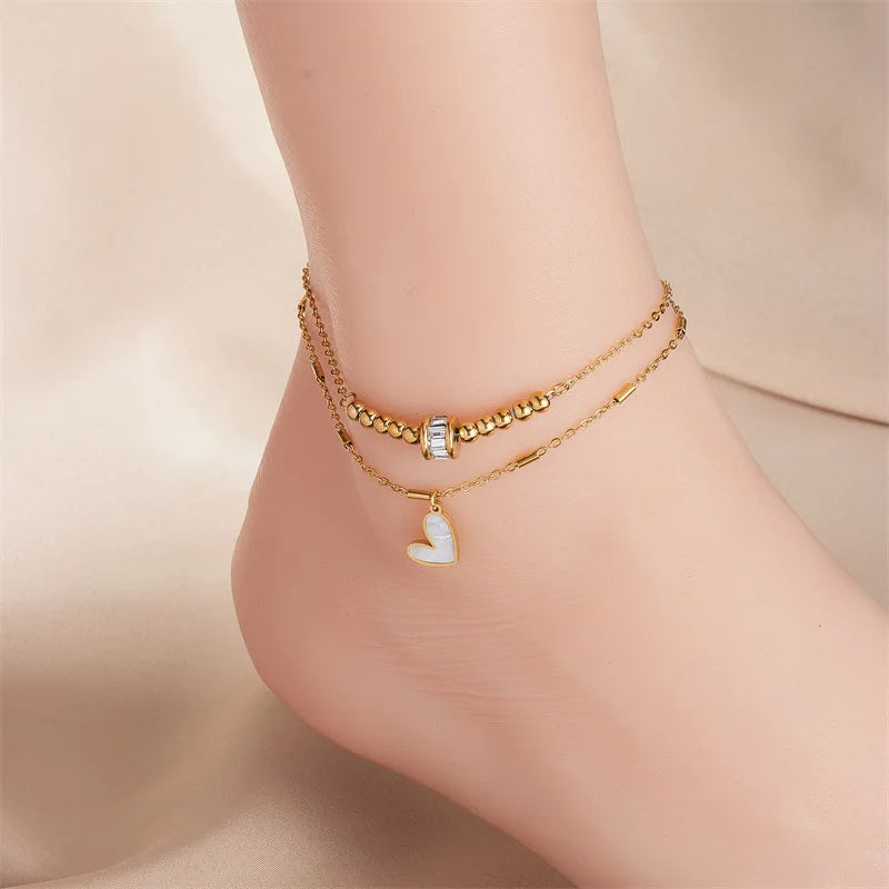 Boho Love Heart Anklet - Double Layer Tassel Chain | GirlyNest
