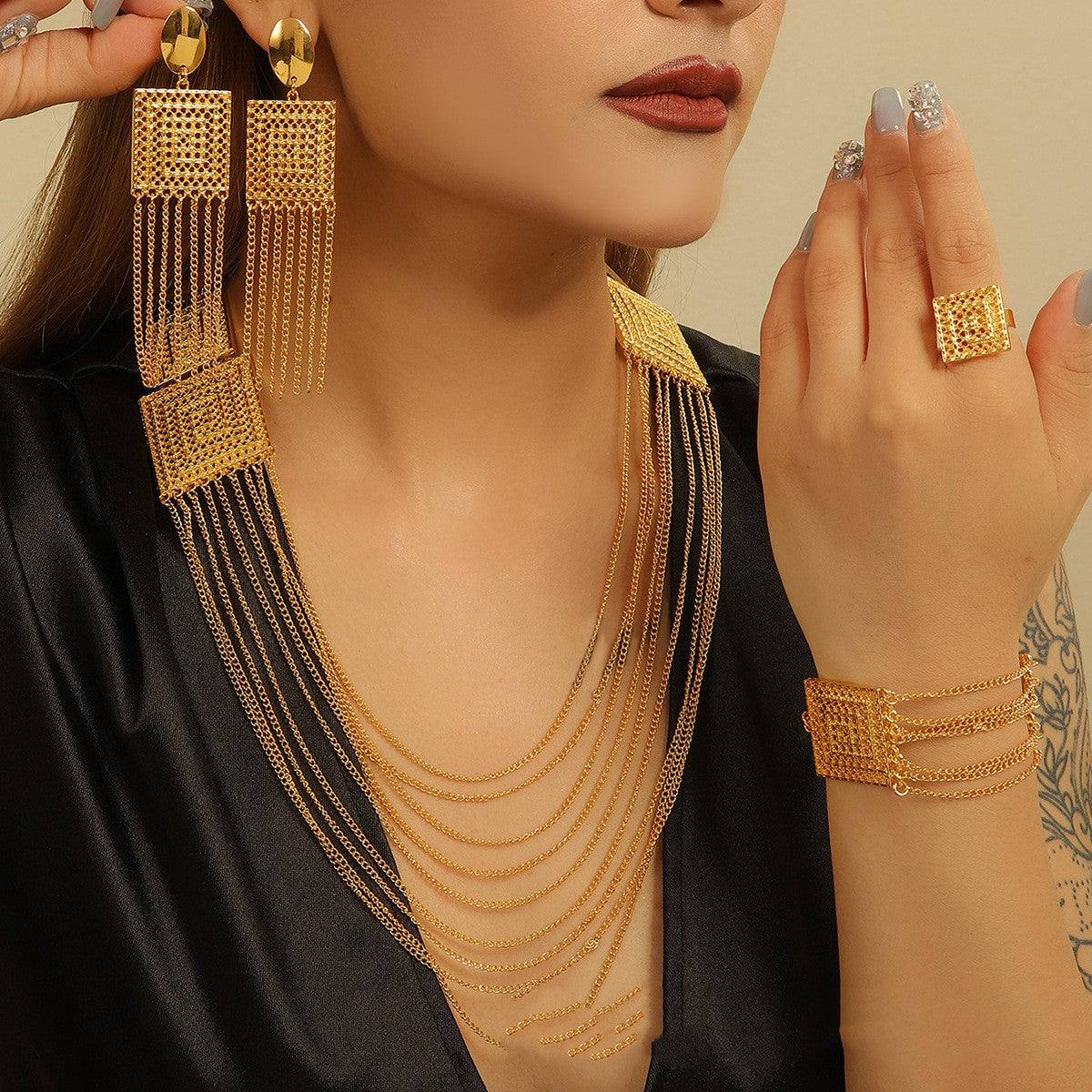 Gold Plated Tassel Necklace Set - Statement Jewelry | GirlyNest