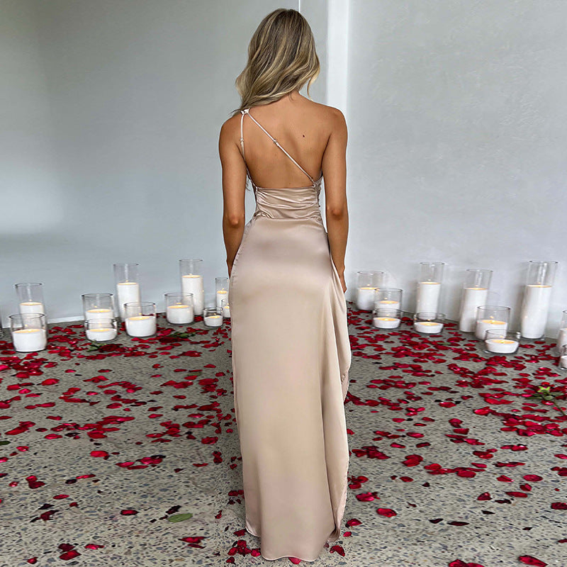 One-Shoulder Backless Slit Dress – Satin Party Dress | GirlyNest